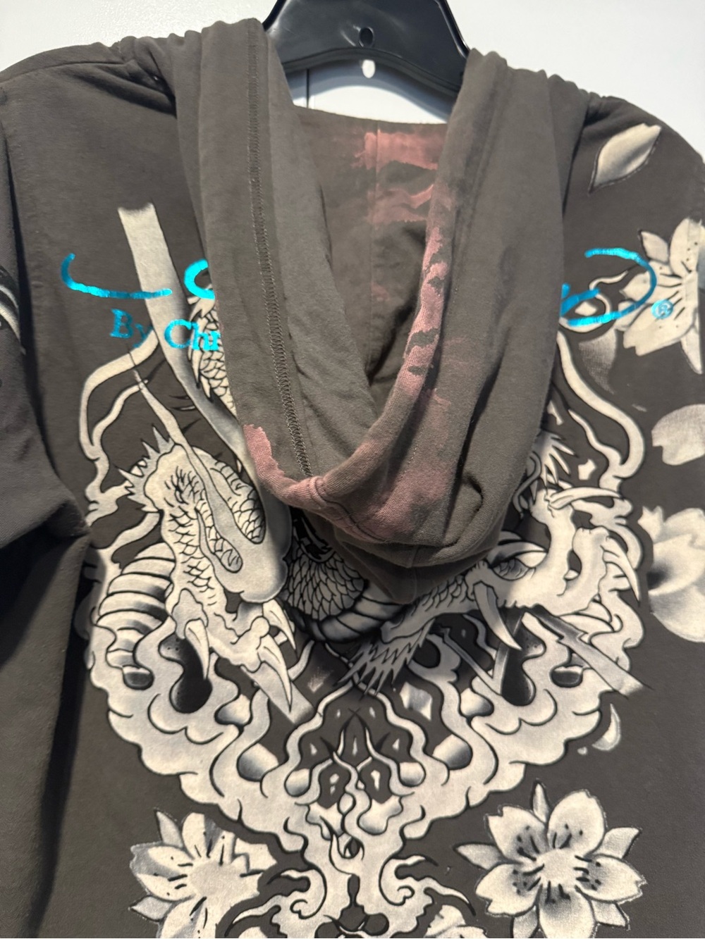 Ed Hardy Vintage Gray Zip Hoodie with Turquoise Floral Print - Picture 7 of 9